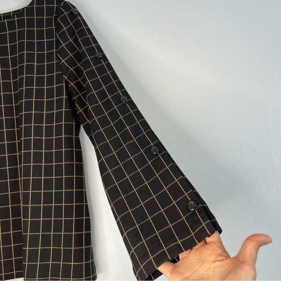 J jill Ponte Knit Windowpane Top Black Camel Boatneck Button Sleeve Size M - Picture 6 of 11